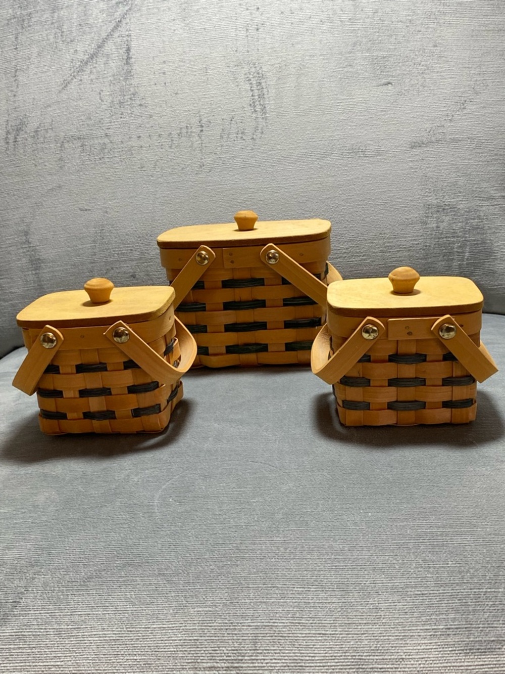 Set of 3 Natural Wood Woven Storage Baskets with Wooden Lids and Hinged Handles